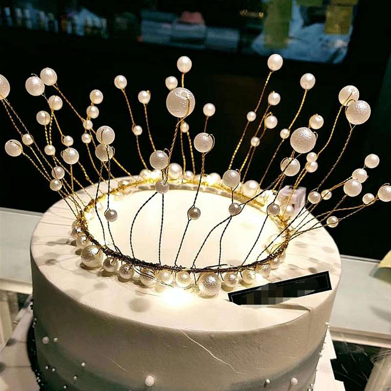 2 PCS Seaweed Tassel Pearl Crown Baking Cake Decoration(White)