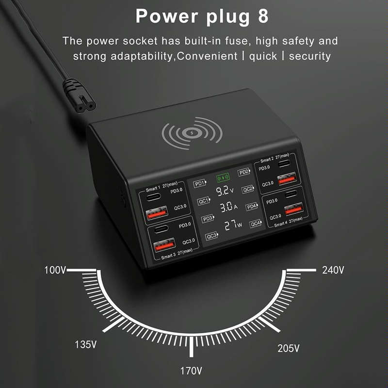 838w 9 in 1 100W 4 PD 3.0 USB-C / Type-C + 4 QC 3.0 USB Ports Smart Digital Display Wireless Char...