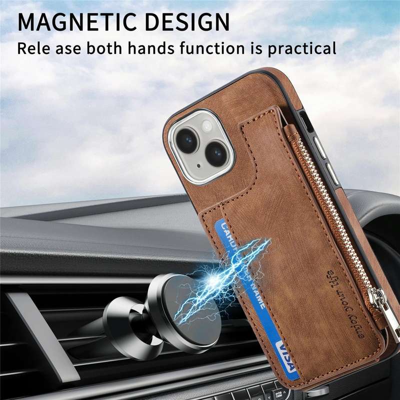 For iPhone 15 Magsafe Zipper RFID Wallet All-inclusive Shockrpoof Phone Case(Brown)