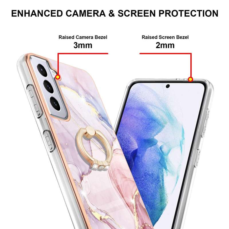 For Samsung Galaxy S21 5G Electroplating Marble Pattern IMD TPU Shockproof Case with Ring Holder(...