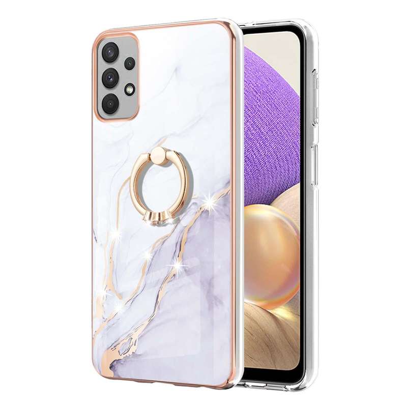 For Samsung Galaxy A33 5G Electroplating Marble IMD TPU Phone Case with Ring Holder(White 006)