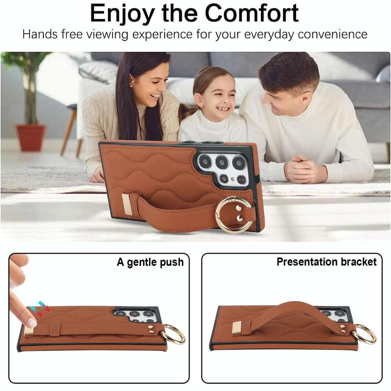 For Samsung Galaxy S22 Ultra Non-slip Full Coverage Ring PU Phone Case with Wristband(Brown)