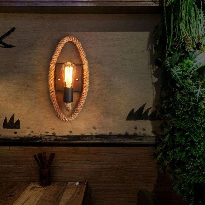Vintage Hemp Rope Edison Light Bulb Wrought Iron Wall Lamp without Bulb(Oval)