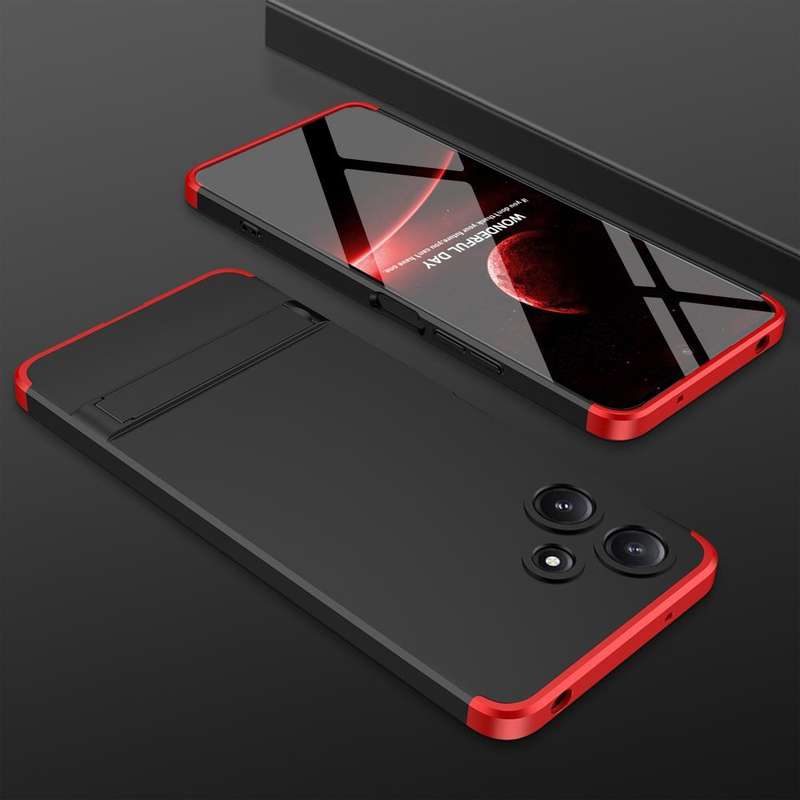 For Xiaomi Redmi 12 5G GKK Three Stage Splicing Full Coverage PC Phone Case with Stand(Black Red)