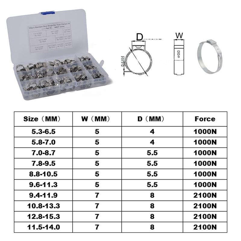 100 PCS Adjustable Single Ear Plus Stainless Steel Hydraulic Hose Clamps O-Clips Pipe Fuel Air, I...