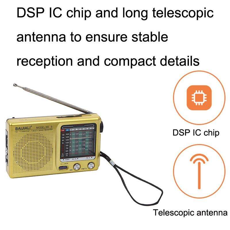 BAIJIALI KK9 Full-band Radio Player Portable Retro Multifunctional Mini Radio(Black)