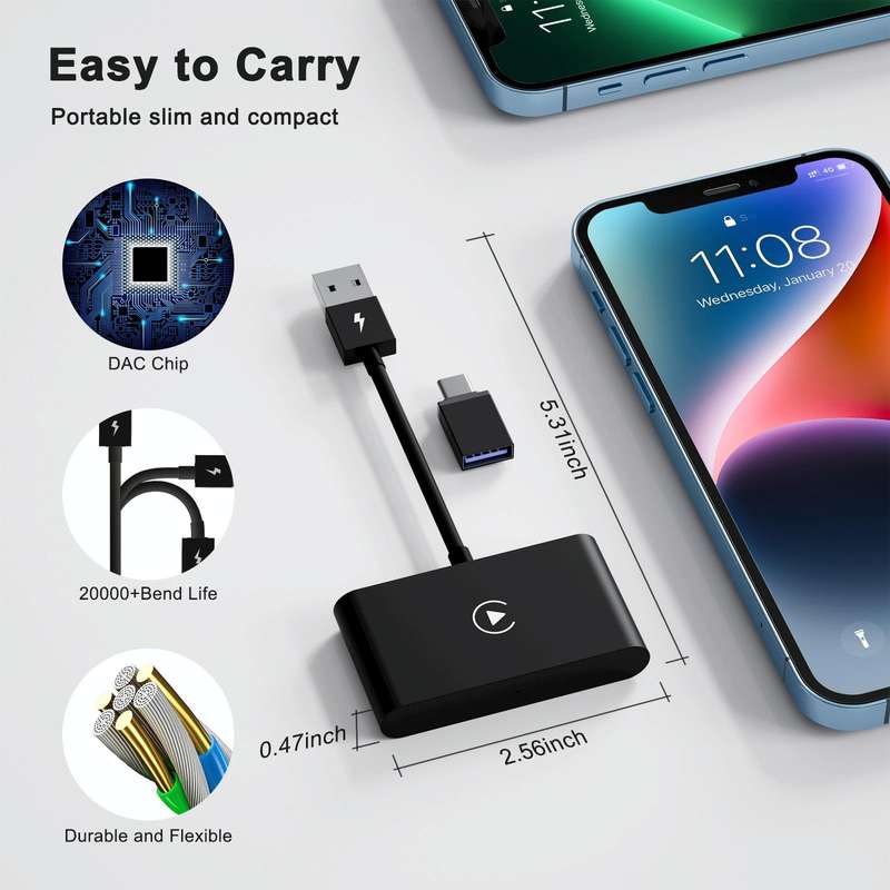 THT-020-2 USB + USB-C / Type-C Wired to Wireless Carplay Adapter for iPhone(Black)