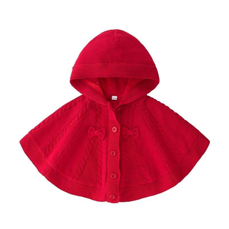 Children Clothing Knitted Bowknot And Fleece Sweater Cloak Shawl (Color:Red Size:80)