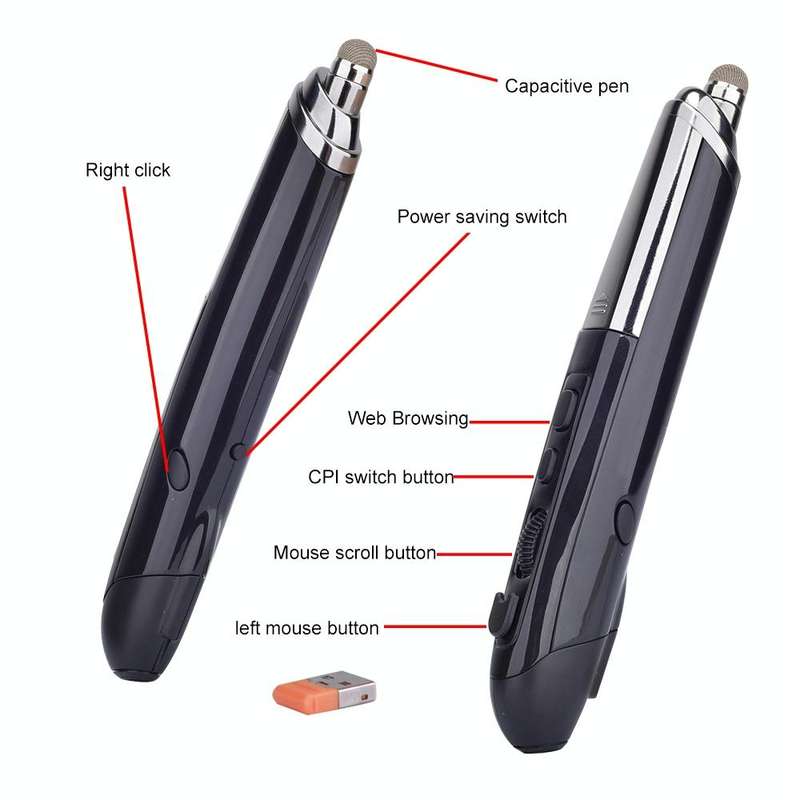 PR-08 6-keys Smart Wireless Optical Mouse with Stylus Pen & Laser Function (Black)