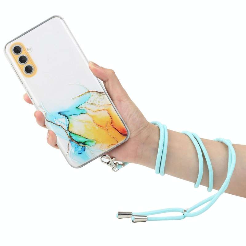 For Samsung Galaxy A54 5G Hollow Marble Pattern TPU Shockproof Phone Case with Neck Strap Rope(Ye...