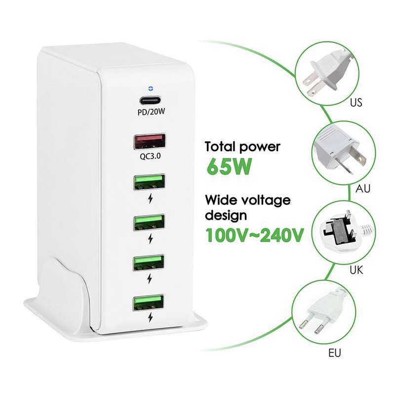 6 in 1 65W PD USB-C / Type-C + QC 3.0 USB + 4 USB Multi-port Travel Charger, UK Plug(White)
