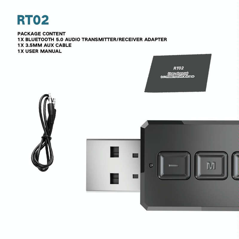 RT02 USB Bluetooth Audio Adapter Receives Transmits 2-in-1 Bluetooth 5.0 Hands-free Talk Car Blue...