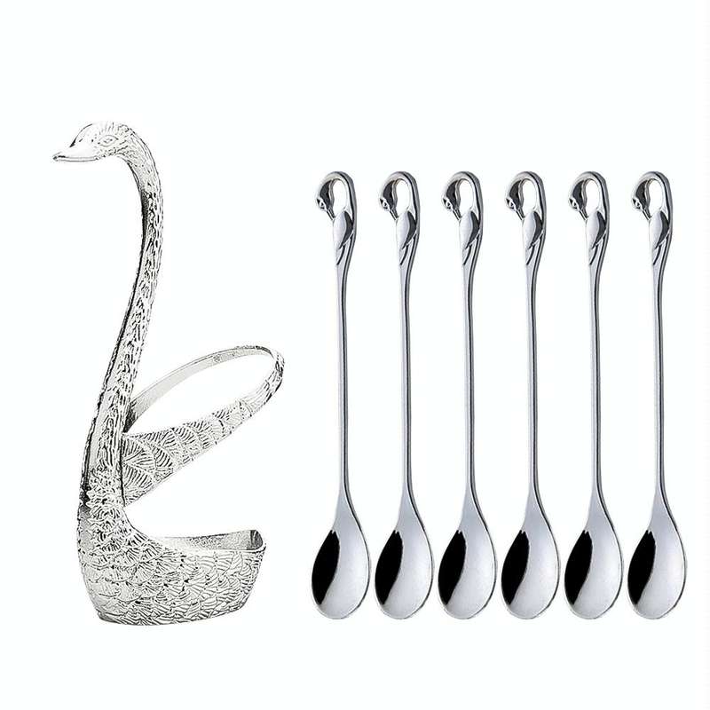 Swan Fruit Fork And Spoon Set Dessert Fork Fruit Fork Rack Tableware Wedding Gift, Colour: Silver...