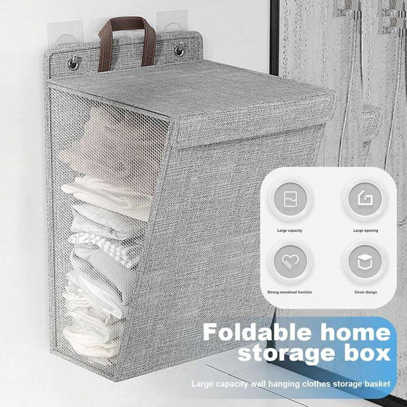 Foldable Hanging Laundry Basket Dirty Clothes Organiser with Lid, Color: Beige 45 x 35 x 10cm