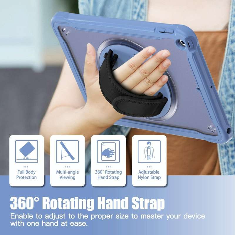 For iPad 10.2 2021 / 2020 / 2019 Heavy Duty Hybrid Tablet Case with Handle & Strap(Lavender Grey)