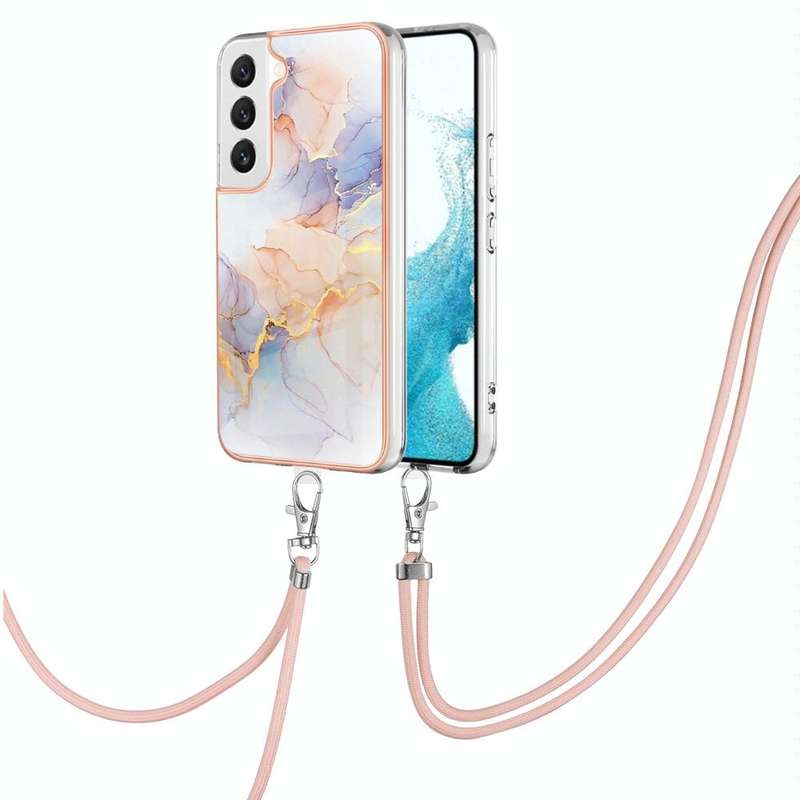 For Samsung Galaxy S22 5G Electroplating IMD TPU Phone Case with Lanyard(White Marble)