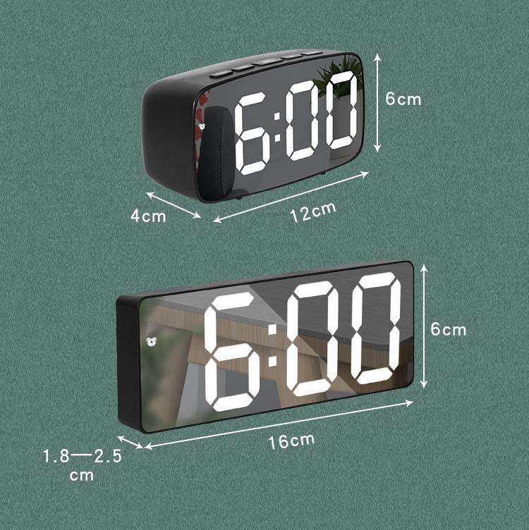 Mirror Bedside Alarm Clock Battery Plug-In Dual-Purpose LED Clock, Colour: Arc-shaped Black Shell...