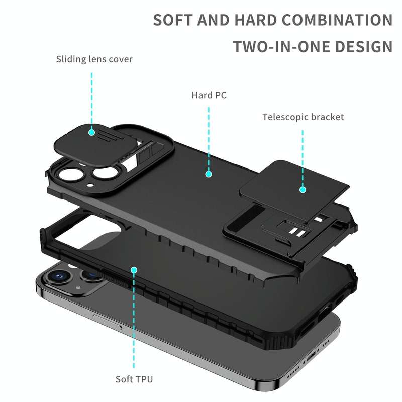 For iPhone 15 Pro Stereoscopic Holder Sliding Camshield Phone Case(Black)