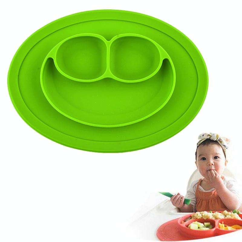 Smile Style One-piece Round Silicone Suction Placemat for Children, Built-in Plate and Bowl (Green)