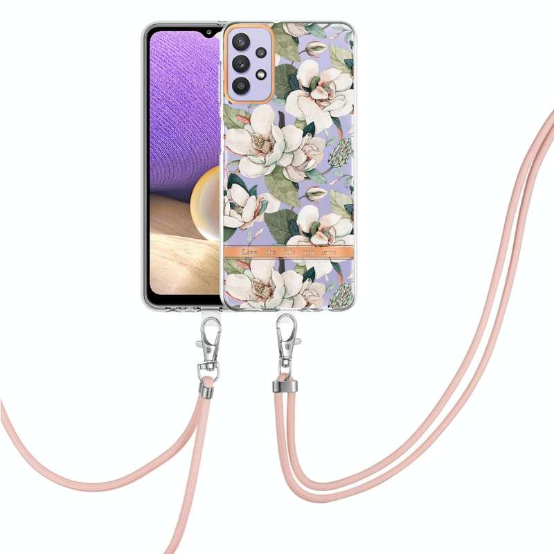 For Samsung Galaxy A32 5G Flowers Series TPU Phone Case with Lanyard(Green Gardenia)