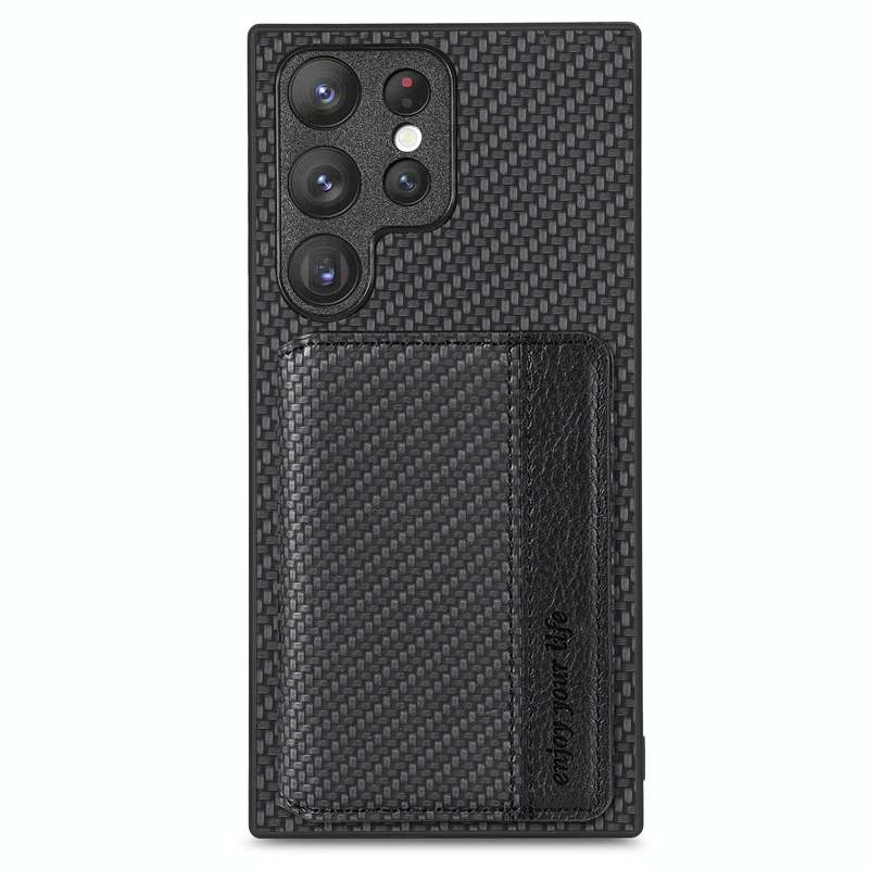 For Samsung Galaxy S22 Ultra 5G Carbon Fiber Magnetic Card Wallet Bag Phone Case(Black)