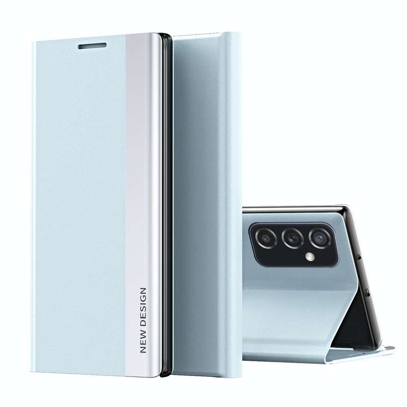 For Samsung Galaxy A73 5G Side Electroplated Magnetic Flip Leather Case with Holder(Light Blue)