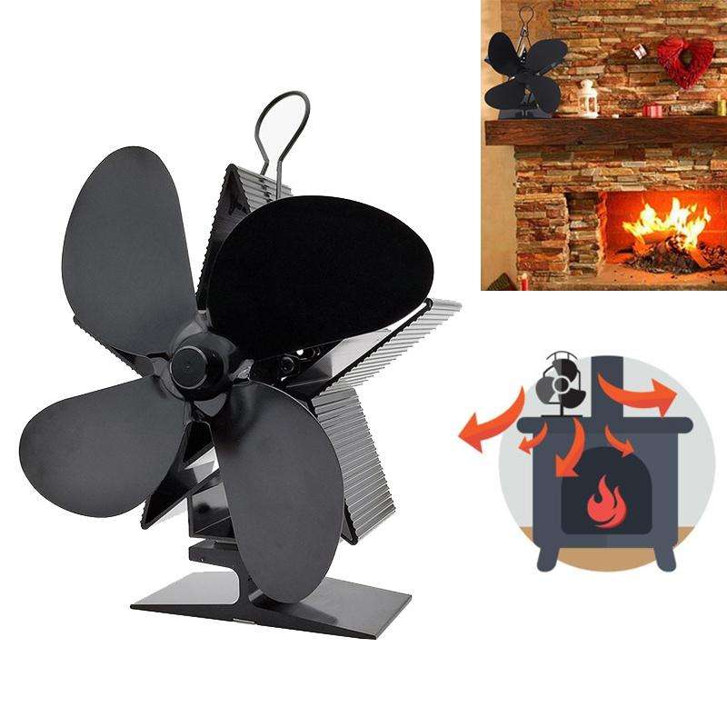 4-Blade Aluminum Heat Powered Fireplace Stove Fan (Black)