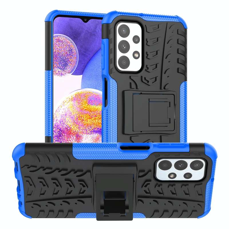 For Samsung Galaxy A23 Tire Texture Shockproof TPU+PC Phone Case with Holder(Blue)