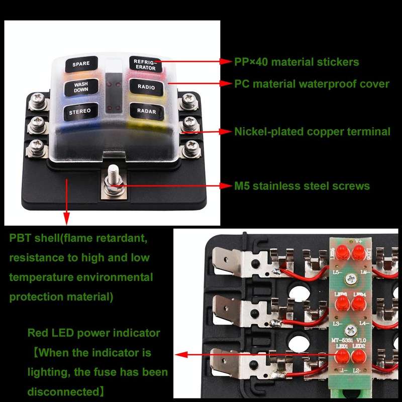 1 in 6 Out 6 Way Circuit Fuse Box Screw Terminal Section Fuse Holder Kits with LED Warning Indica...