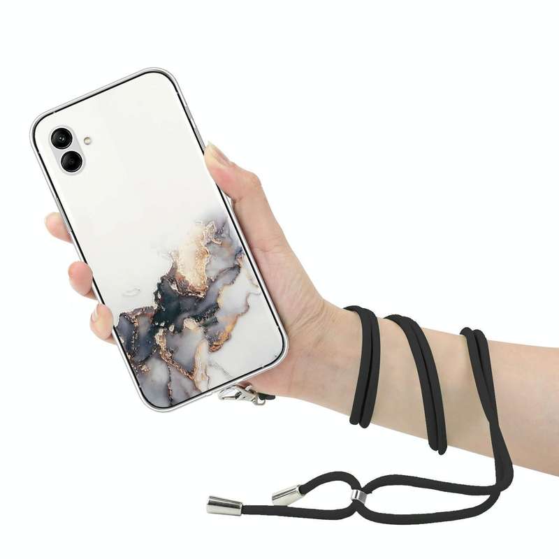 For Samsung Galaxy A04e Hollow Marble Pattern TPU Shockproof Phone Case with Neck Strap Rope(Black)
