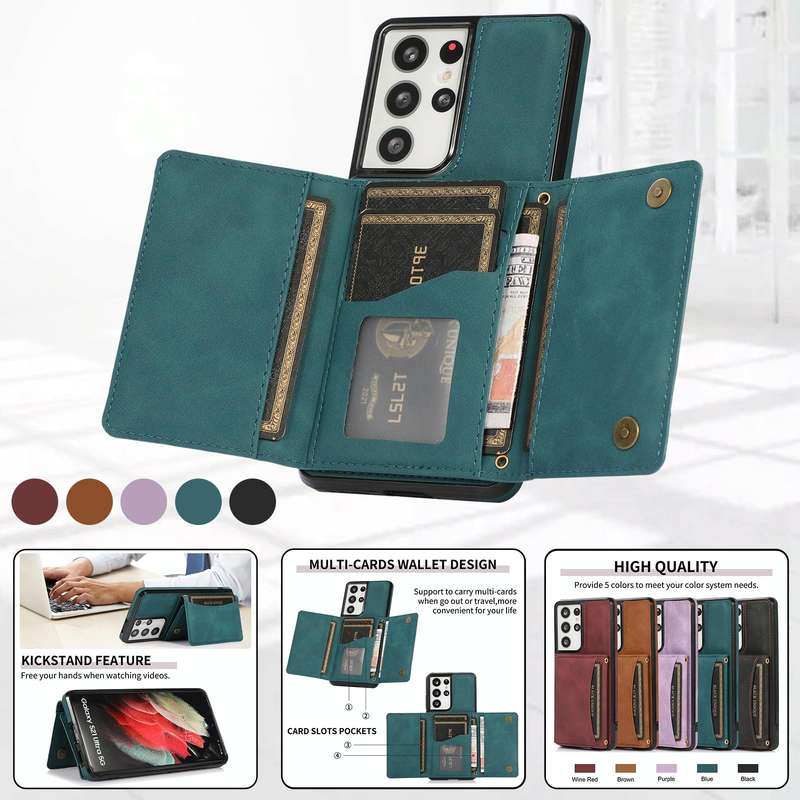For Samsung Galaxy S21 Ultra Three-fold Leather Phone Case with Card Slot & Wallet & Holder(Green)