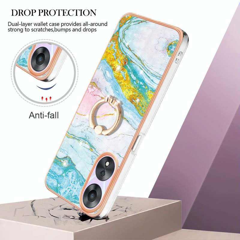 For OPPO A78 / A58 Electroplating Marble IMD TPU Phone Case with Ring Holder(Green 004)
