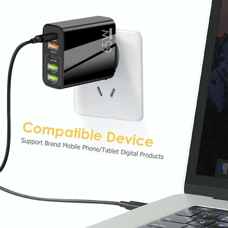 65W Dual PD Type-C + 3 x USB Multi Port Charger for Phone and Tablet PC, US Plug(White)