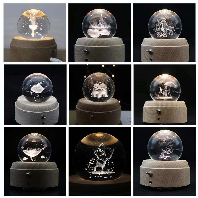 Girl Bedside Lamp Crystal Ball Wooden Base Music Box Charging Glow Rotating Night Light, Random M...