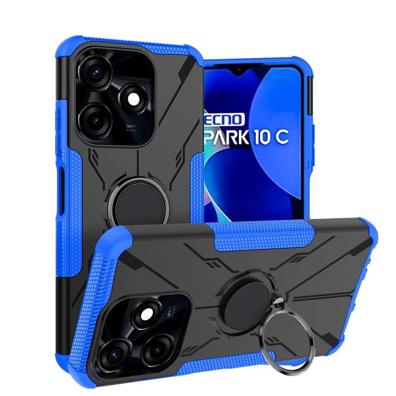 For Tecno Spark 10C Armor Bear Shockproof PC + TPU Phone Case with Ring(Blue)