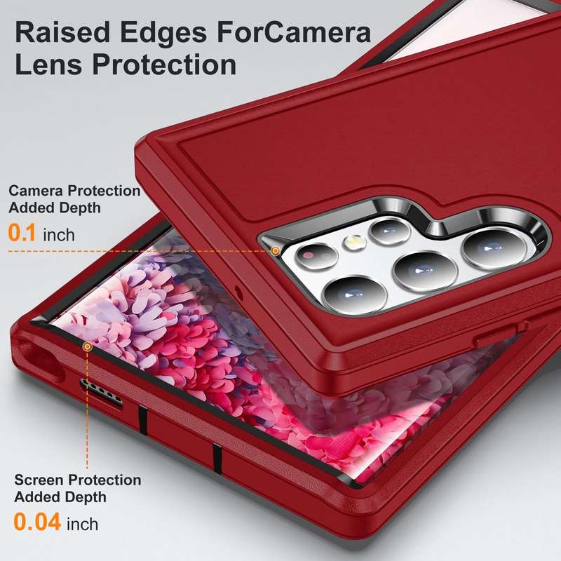 For Samsung Galaxy S22 Ultra 5G 3 in 1 Rugged Holder Phone Case(Red+Black)