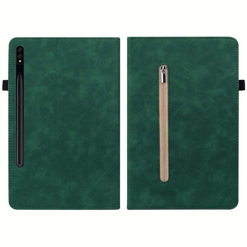 For Samsung Galaxy Tab S7+ / S8+ Skin Feel Solid Color Zipper Leather Tablet Case(Green)