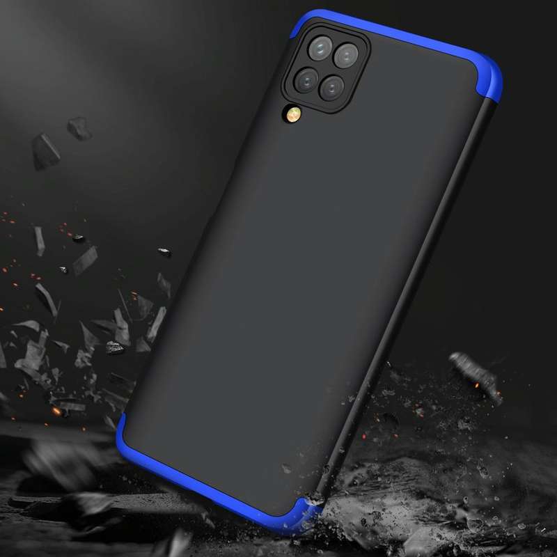 For Samsung Galaxy A12 GKK Three Stage Splicing Full Coverage PC Case(Black+Blue)