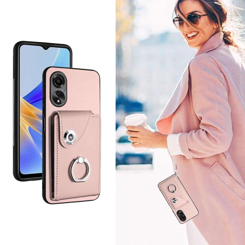 For OPPO A58 4G Global Organ Card Bag Ring Holder PU Phone Case with Lanyard(Pink)