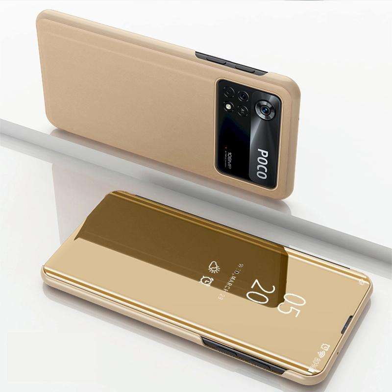 For Xiaomi Poco X4 Pro 5G Plated Mirror Horizontal Flip Leather Case with Holder(Gold)