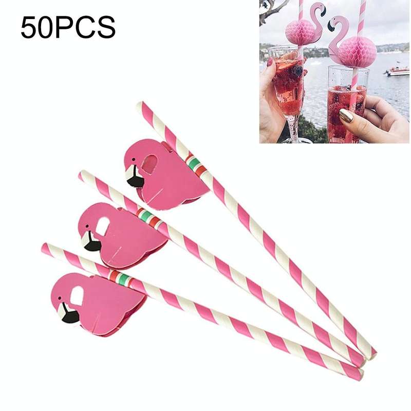 50 PCS 3D Flamingo Jungle Paper Straws Party Decorations Cocktail Straw (Pink)
