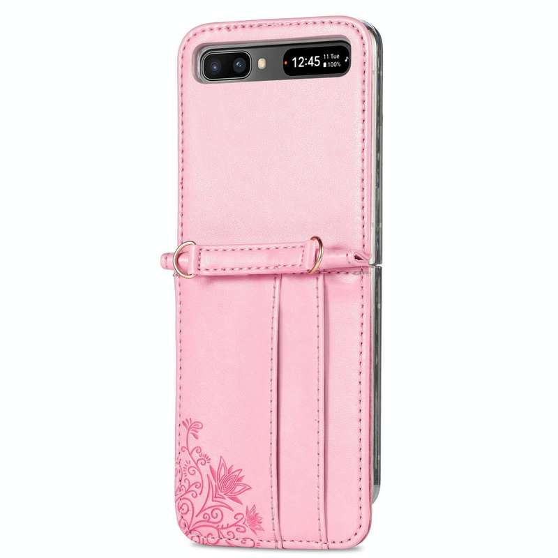 For Samsung Galaxy Z Flip 5G Diagonal Lanyard Embossed Card Phone Case(Pink)