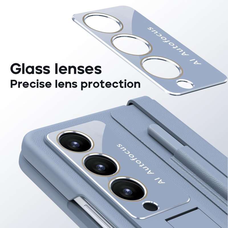 For Samsung Galaxy Z Fold4 PU + PC Full Coverage Phone Case with Pen/Pen Slots(Blue)