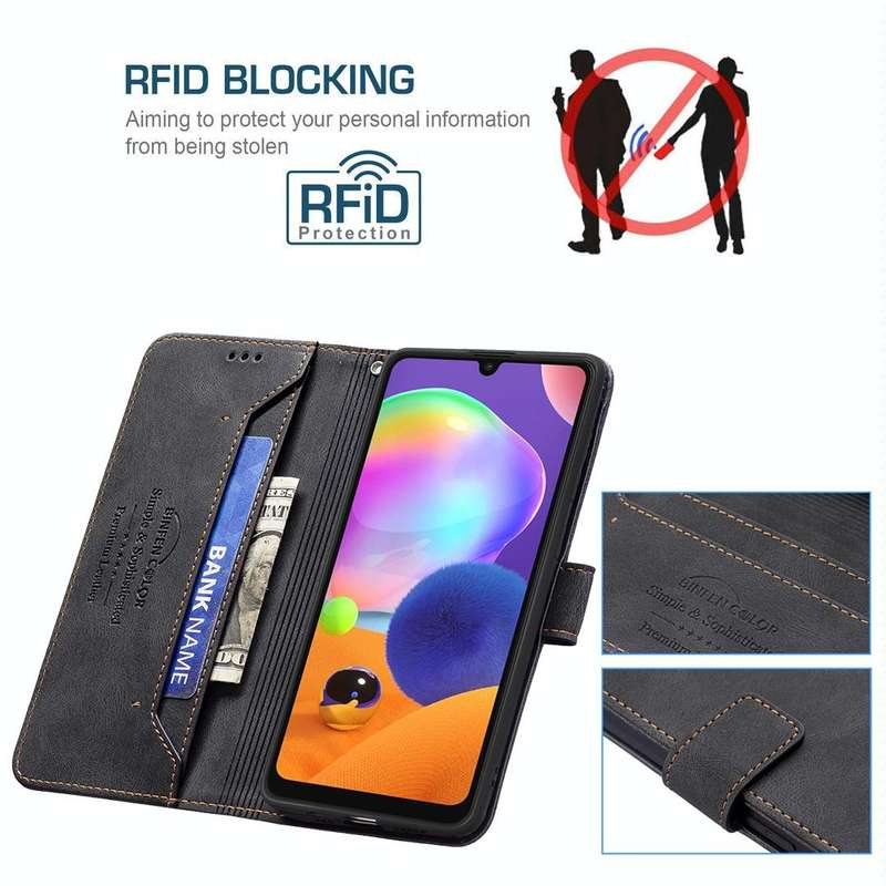 For Samsung Galaxy A31 Magnetic Clasp RFID Blocking Anti-Theft Leather Case with Holder & Card Sl...