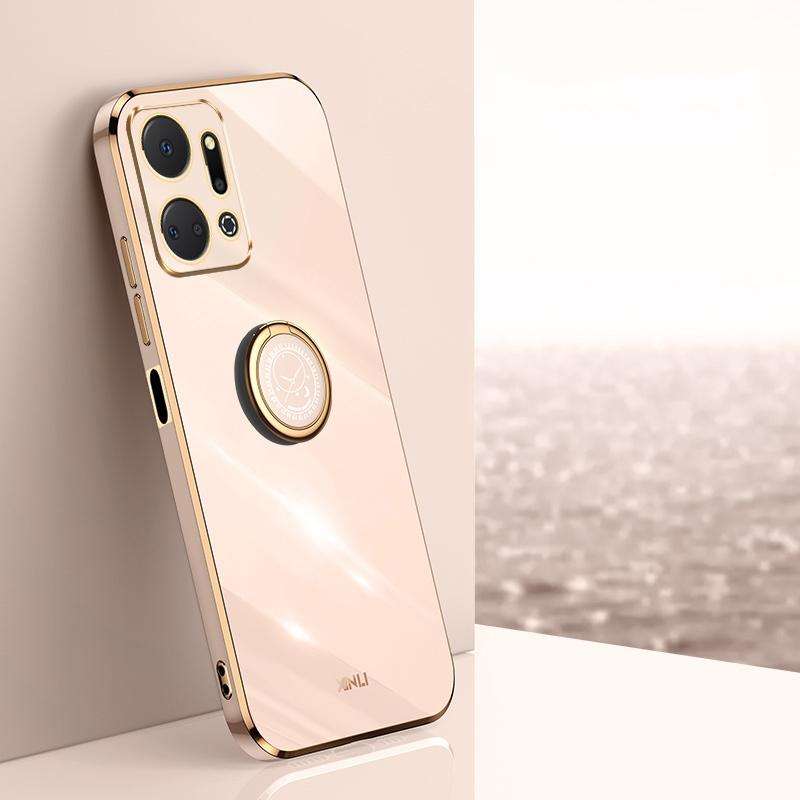 For Honor X7a 2023 XINLI Straight Edge 6D Electroplate TPU Phone Case with Ring Holder(Pink)