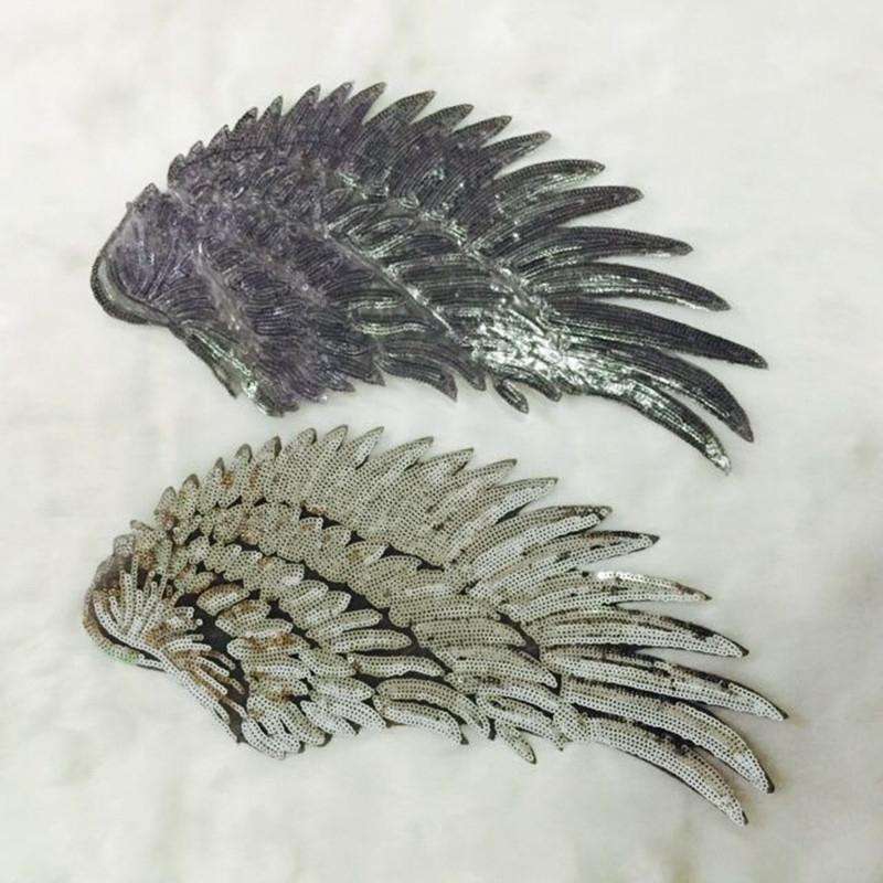 Silver A Pair Sequin Feather Wing Shape Clothing Patch Sticker DIY Clothing Accessories, Size:Sma...