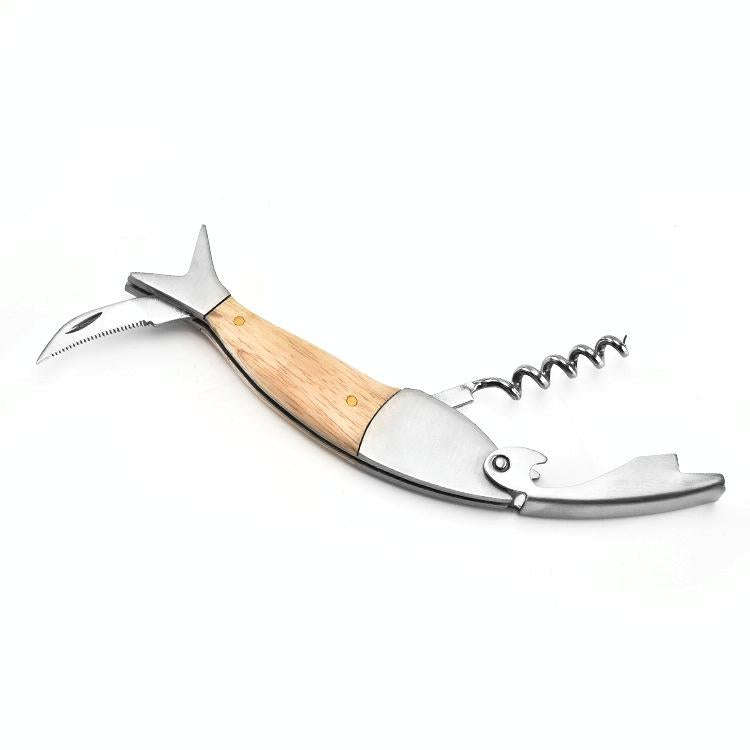 Fish Shape Wine Opener Wine Multifunctional Corkscrew with Wooden Handle