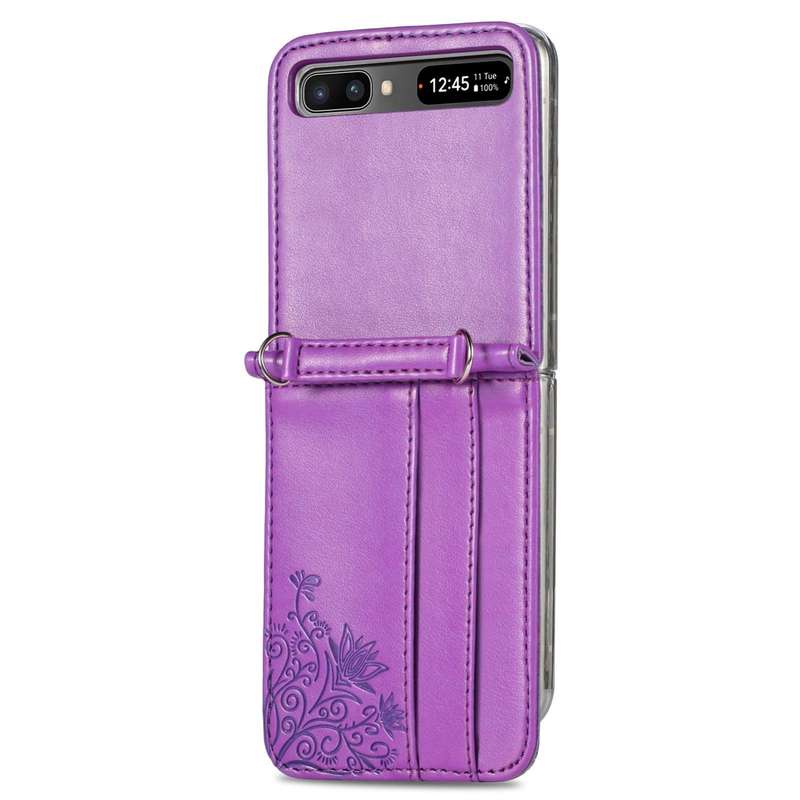 For Samsung Galaxy Z Flip 5G Diagonal Lanyard Embossed Card Phone Case(Purple)