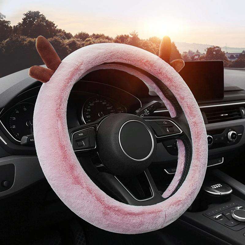 Antler Thick Plush Steering Wheel Cover, Style: O Type (Pink)