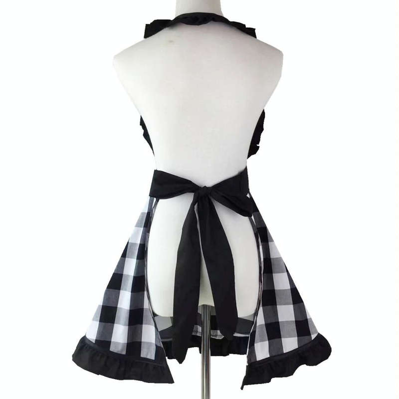 Retro Cotton Big Plaid Big Swing Apron(Black White Grid)